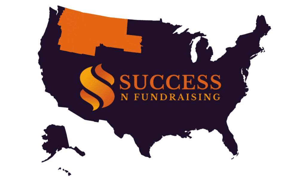 United States map with the Success N Fundraising logo. The company's territory is highlighted on the map in orange.